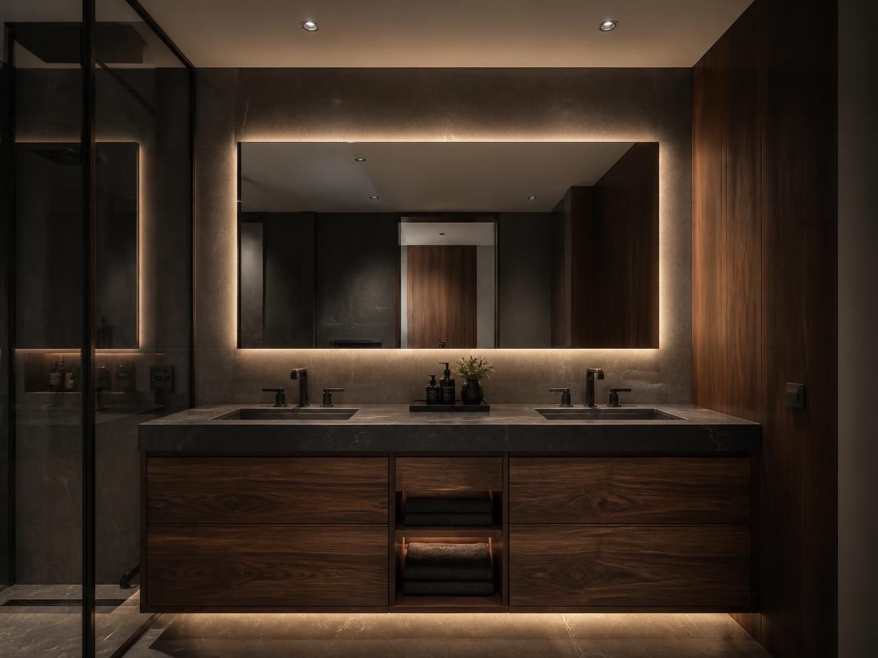 Walnut bathroom vanity with backlit mirror and stone counter
