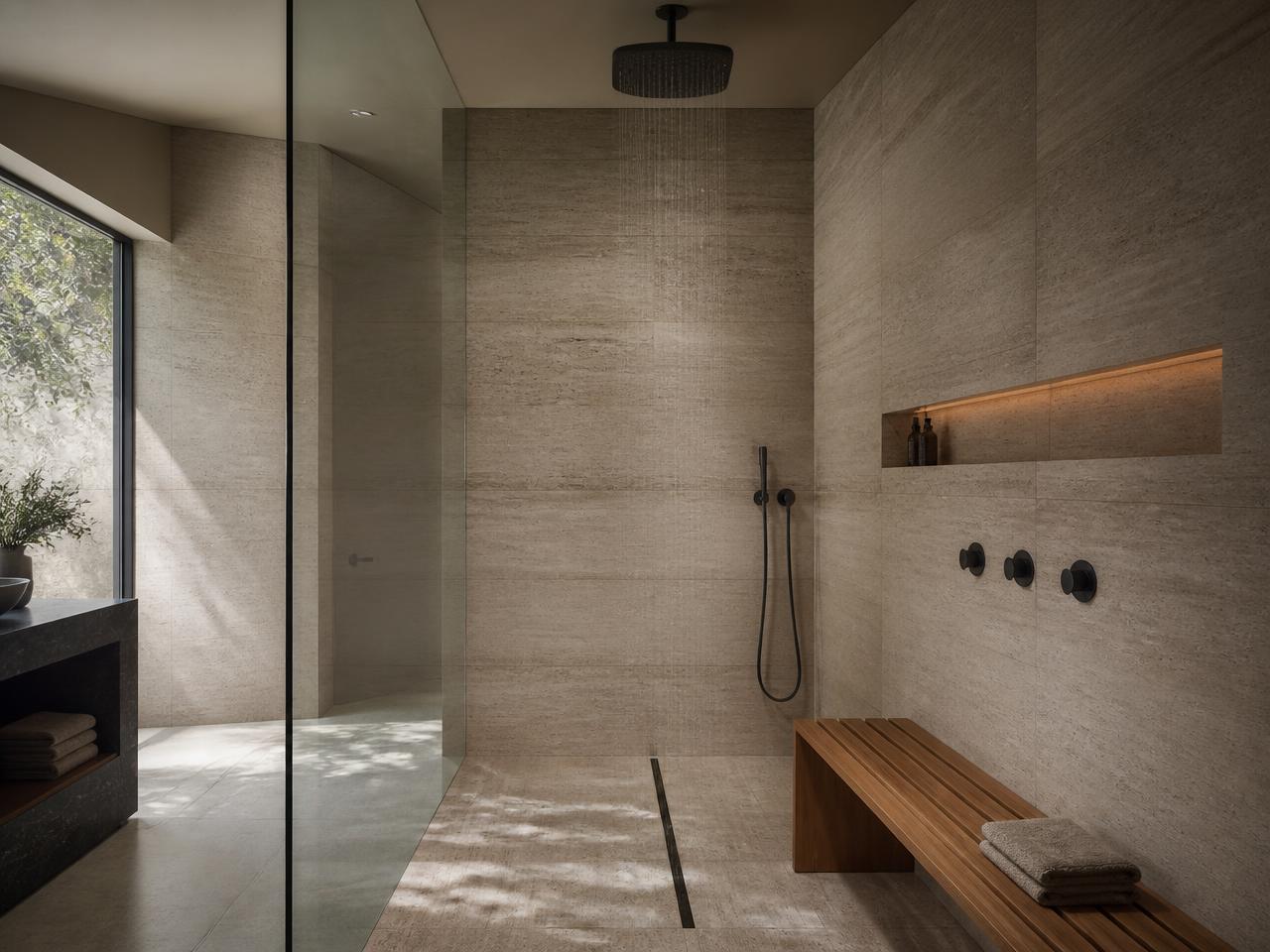 Travertine wet room with frameless glass and rain shower